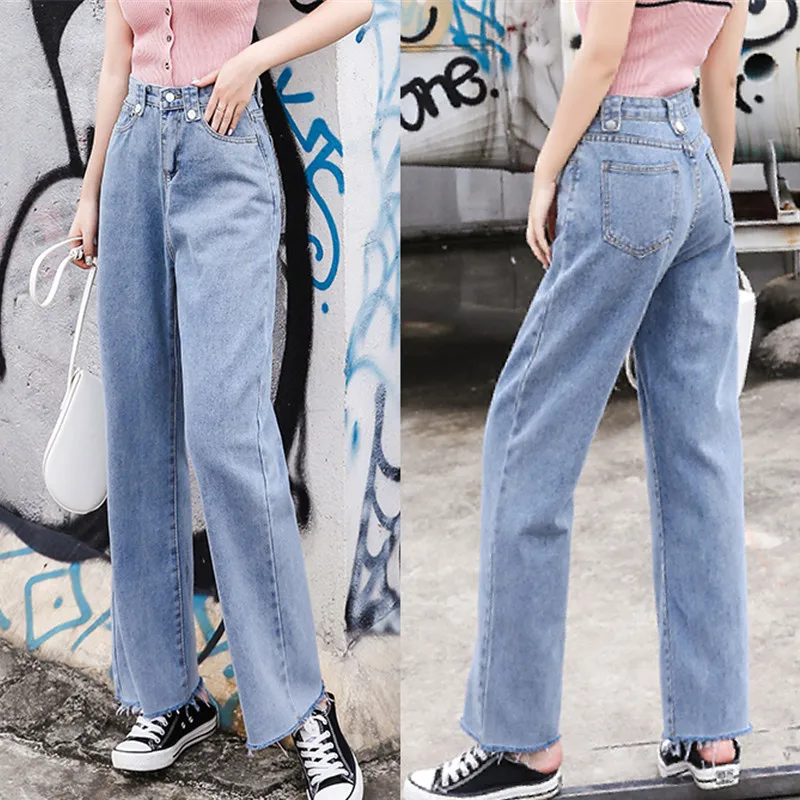 Мода 2019 весна осень женские с высокой посадкой широкие брюки джинсы джинсовые