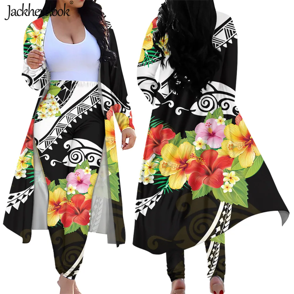 

Jackherelook Women Polynesain Tribal Hibiscus Floral Print Women Club Outfits Open Front Cardient Long Pants High Waist Leggings