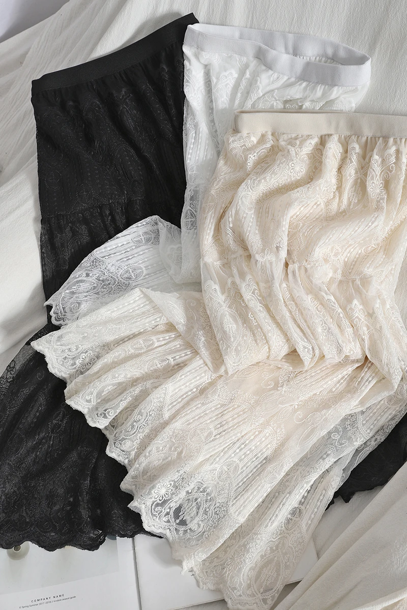 

Retro cute wavy lace skirt for womens summer new style thin lace long skirt Korean style high waist over-the-knee skirt women