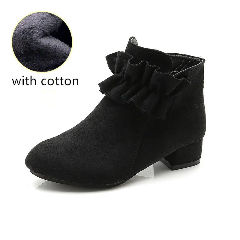 black with cotton Mumoresp/ботинки для девочек; теплые хлопковые ботинки из флока; сезон осень-зима; Детские ботильоны с оборками; детские ботинки принцессы на высоком каблуке - Цвет: black with cotton
