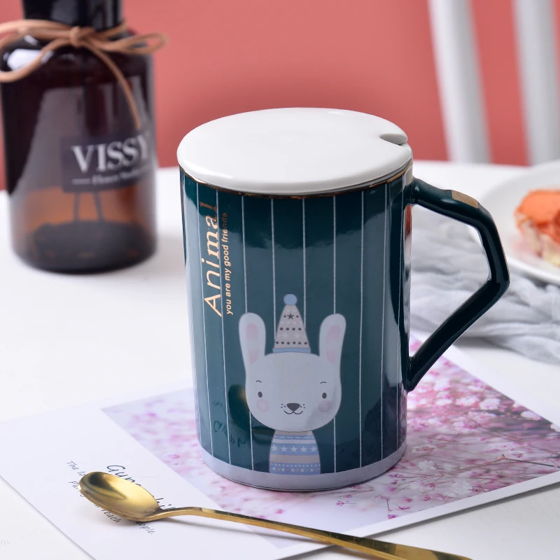 

3D Animal Coffee Mug Creative Ceramic Microwave Cartoon Pink Couple Milk Golden Large Cup Tazas De Cafe with Lid Spoon EC50BZ