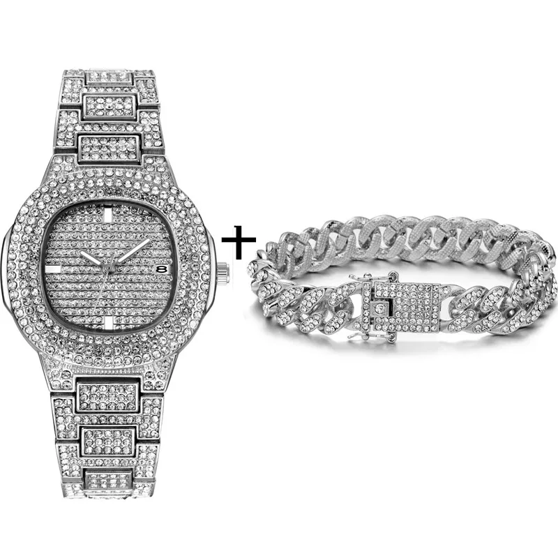 Silver Watch Bracelt Хип-хоп роскошные часы со льдом+ браслет Дата кварцевые наручные часы с Micropave нержавеющая сталь часы для женщин ювелирные изделия - Цвет: Silver Watch Bracelt
