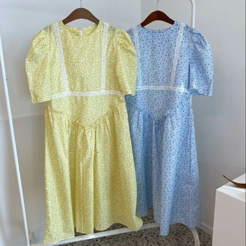 

2020 Summer New Elegant floral Long Robe o-neck Lace Embroidered Loose Big Hem puff Sleeve Dress