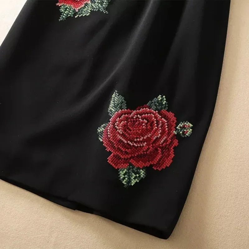 

Svoryxiu Fashion Runway Spring Summer Vintage Black Dress Women's Elegant 3/4 Sleeve Rose Flower Print Embroidery Dresses
