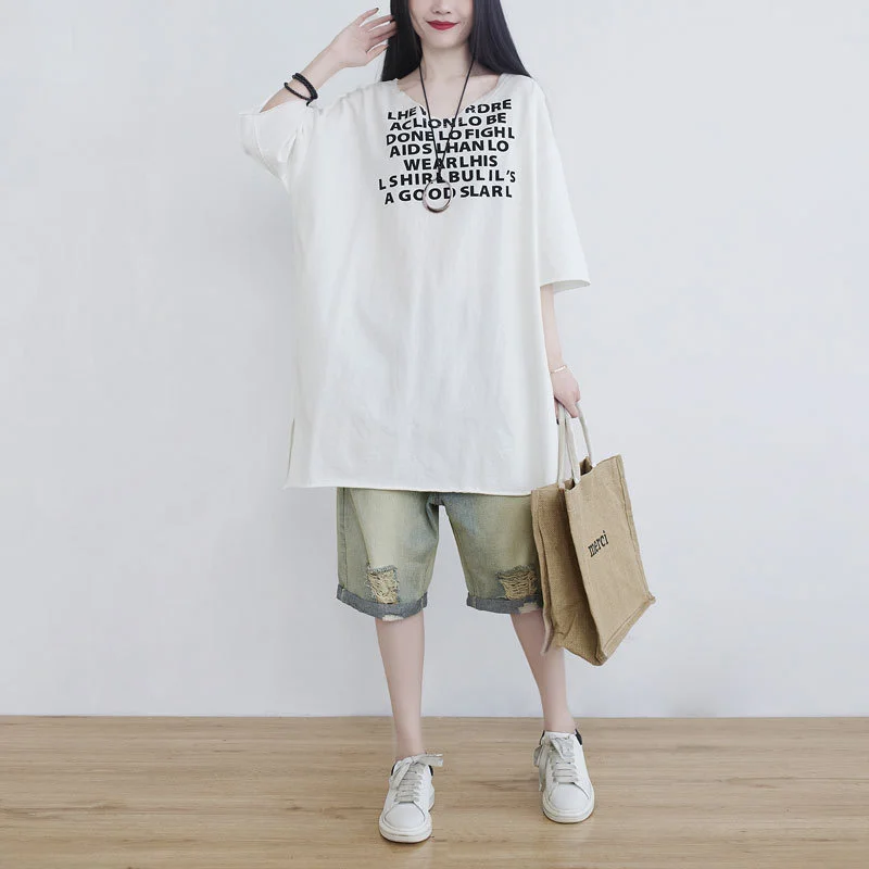 

Ladies Summer V-neck Letter Half Sleeve T-shirt Large Size Slim Medium Length Top Letter Print Bottom Tees For Women Yalabovso