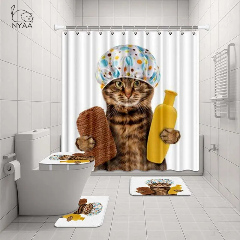 NYAA 4 шт. Британский короткошерстный кошачий душ занавеска пьедестал ковер крышка туалет коврик для ванной коврик набор для декора ванной комнаты - Цвет: NY5292