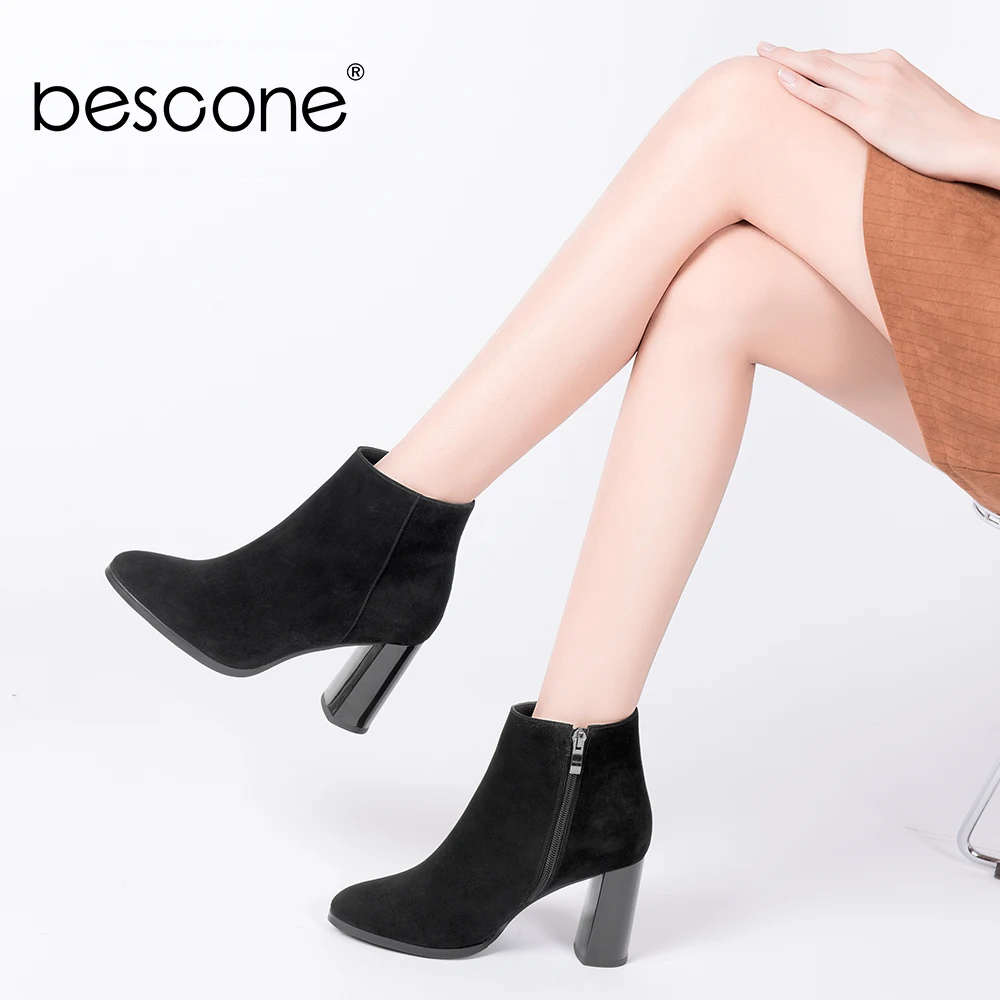 BESCONE/Новинка Женские замшевые ботильоны Пикантная обувь на молнии с острым