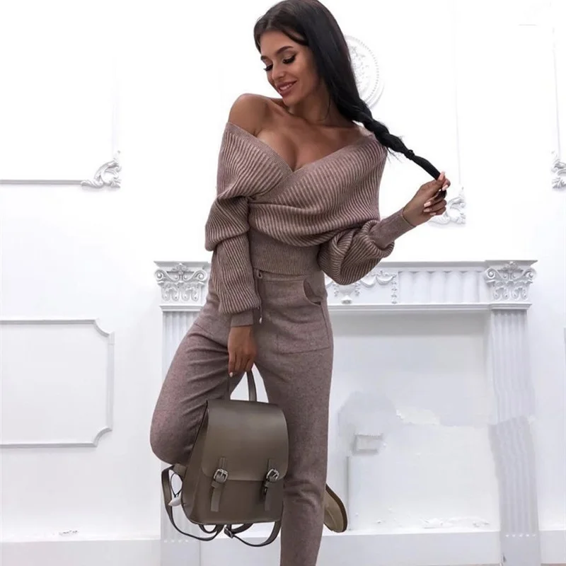 Женский свитер костюм водолазка длинный рукав вязаный брюки 2 предмета в