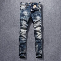 italian style fashion men jeans distressed retro blue elastic slim fit ripped jeans men streetwear vintage designer denim pants