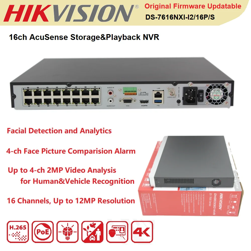 

Сетевой видеорегистратор Hikvision NVR 4K POE DS-7616NXI-I2/16P/с, сетевой видеорегистратор AcuSense 16-канальный 1U 16-канальный, с функцией распознавания лица, ср...