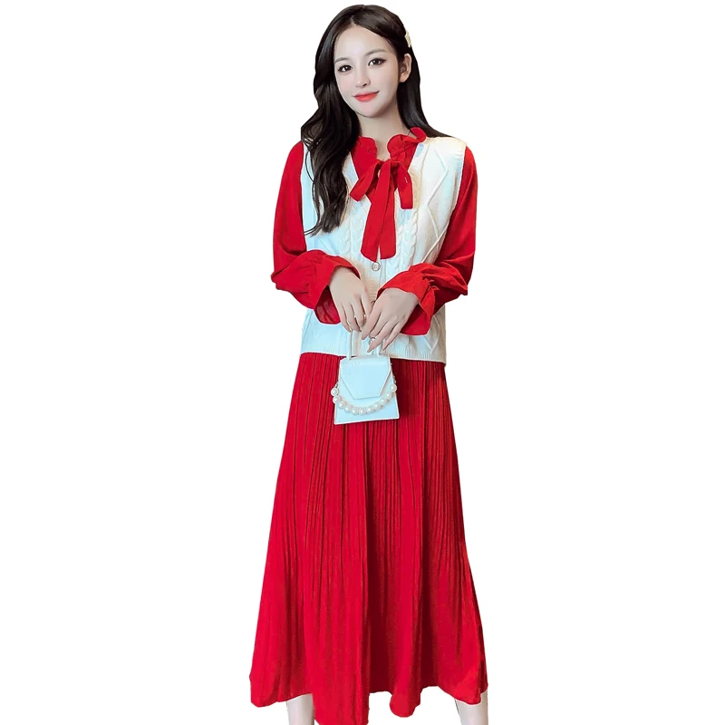

S-2XL New Women's Waistcoat Dress Fashion Autumn And Winter Self-Cultivation Wild Bow Knot Long Sleeve Temperament Doddess Fan