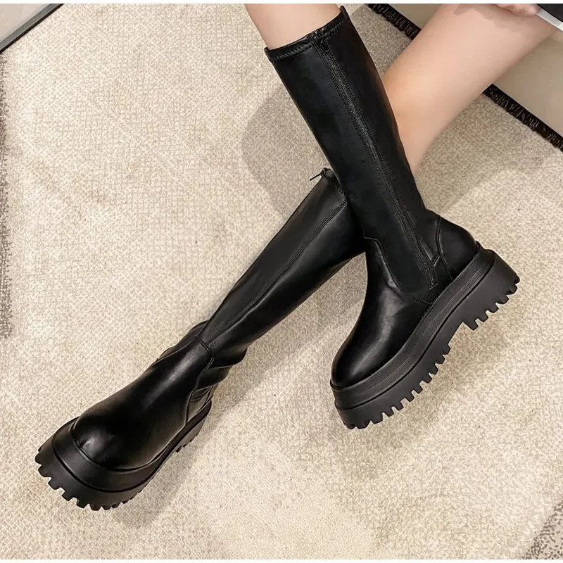 

Женские мотоциклетные ботинки средней длины, дышащие удобные, на молнии, на толстой платформе, на шнуровке, черные