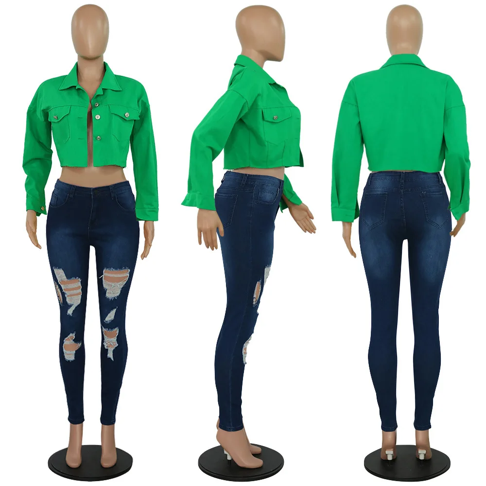 

Solid Color Button Turn-Down Collar Long Sleeves Denim Jacket Women Coat Casual Style All-Matching Outfits