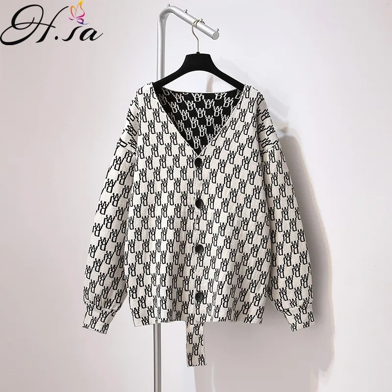 

Hsa Модный зимний свитер, кардиган, пальто для женщин, осень 2021, новый корейский стиль, свободное, черно-белое, на пуговицах, шикарное пончо