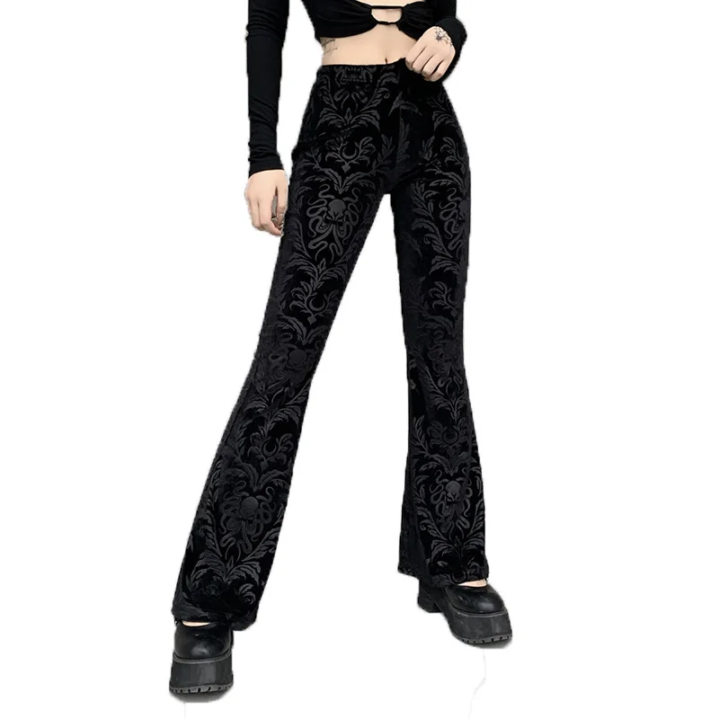 

Зимние женские черные пикантные бархатные брюки с принтом и эластичным поясом в готическом стиле расклешенные брюки женские повседневные ...
