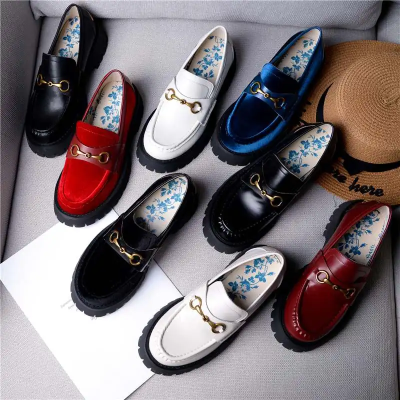 

Big size genuine leather or velvet round toe loafers brand platform concise metal casual shoes classics embroidery women pumps