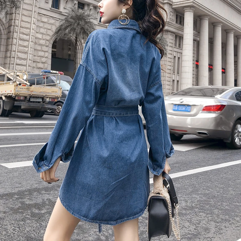 Джинсовое платье рубашка на осень и зиму винтажное повседневное Синее джинсовое