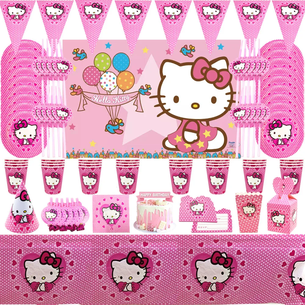 Одноразовая посуда с мультяшным рисунком Hello вечерние розовый кот украшения на