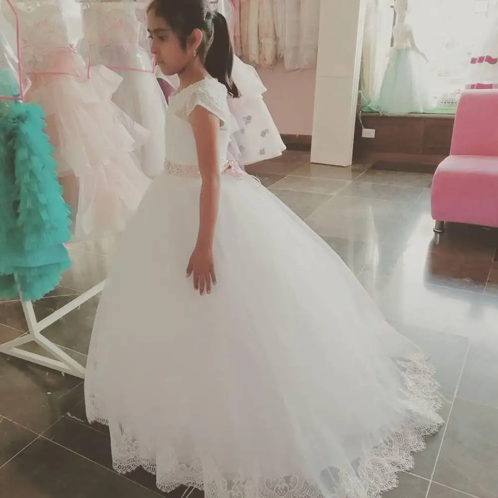 New Long Flower Girl Dress for Wedding Lace Tulle Sash Children Party Dress Kids First Communion Gown Pageant Dress for Girls