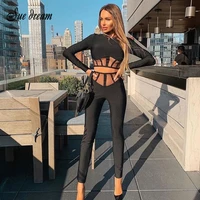 2021 summer new womens 2 two piece set black sexy long sleeve mesh tight bandage set party celebrity bandage crop top pants