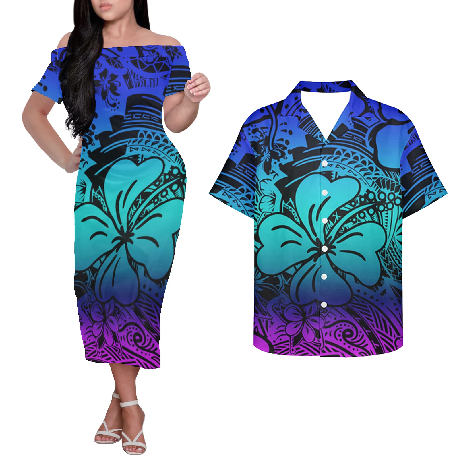 

HYCOOL Hibiscus Print Navy Couples Matching Clothing Set Plus Size Dresses For Women Party Polynesian Summer Off Shoulder Dress