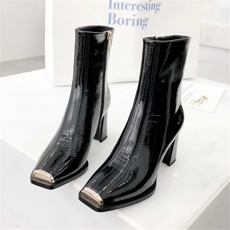 

new arrivals boots women genuine leather Square heels square toe high heels ankle boots zipper ladies sexy short boots