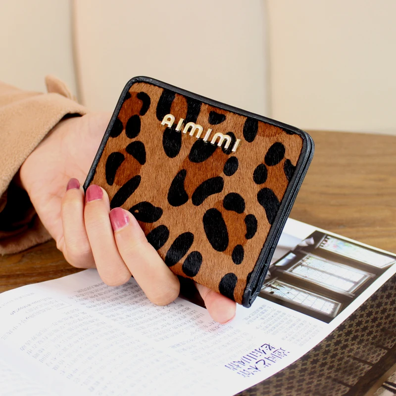 Horse hair ultra-thin cowhide long wallet female tide new European and American fashion leather snap folding wallet - Цвет: Leopard