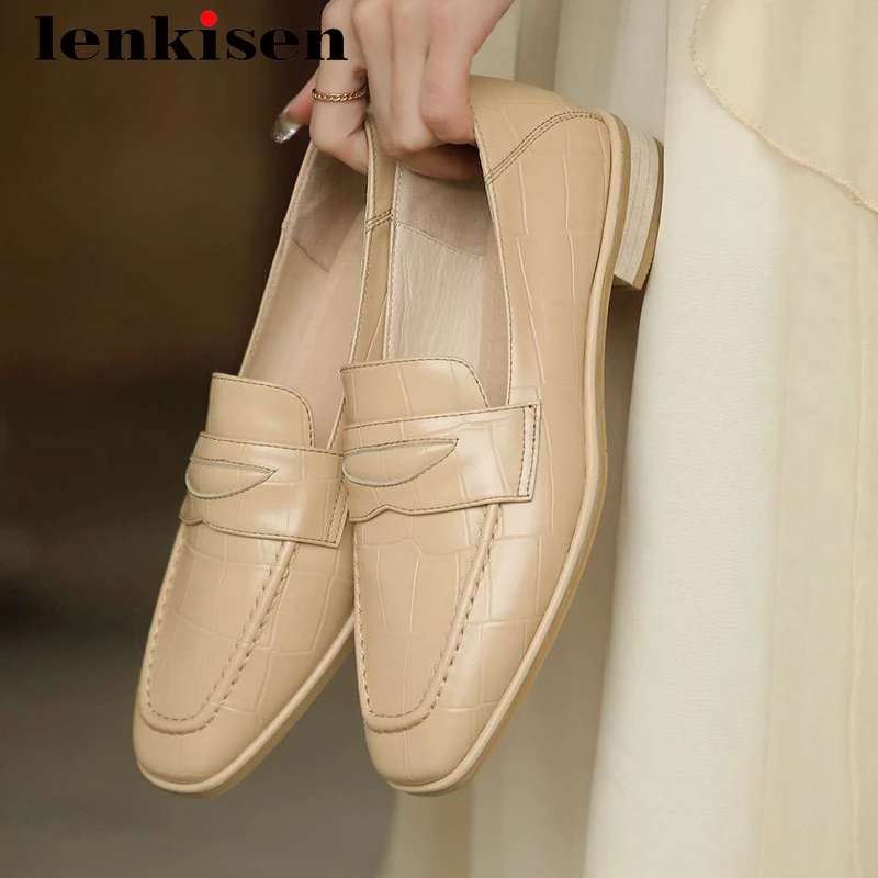 

Lenkisen large size concise style full grain leather british school square toe thick low heel slip on daily wear women pumps L05