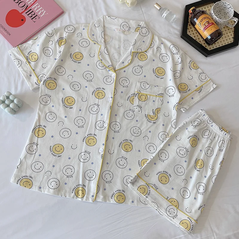

Small Expression Pajamas Women's Summer Short-Sleeved Cardigan Fresh Cotton Suit Loose Suitable for Daily Wear Thin Homewear