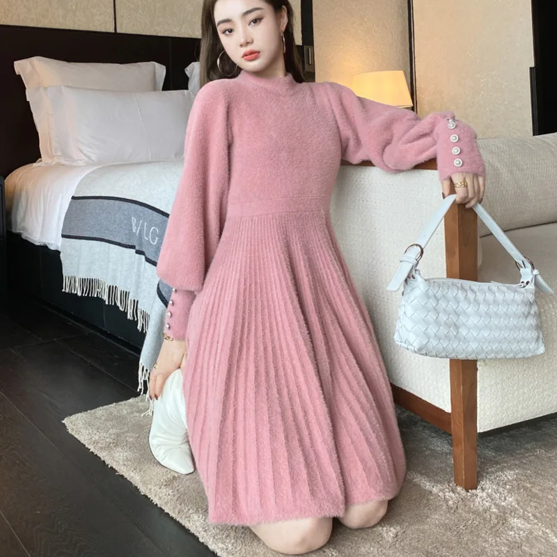high quality autumn winter knitted sweater dress women korean sweet vestidos long sleeve button casual pull mini dress for women free global shipping