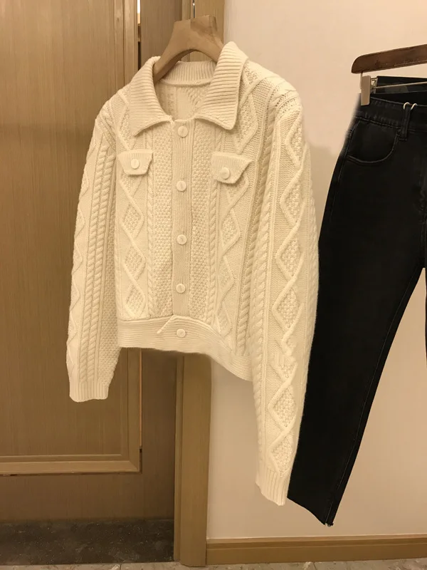 

Sweaters Soft Women Waxy Comfortable High Stretch Wool Three-dimensional Twist Knitted Cardigan Lapel Sweater Coat Thick