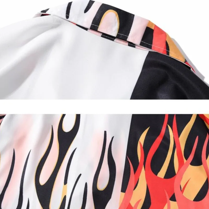 

#7262 Hip Hop Shirts For Men Flame Printed Shirt Short Sleeves Loose High Street Casual Hawaiian Shirt Thin Spliced Color Summer