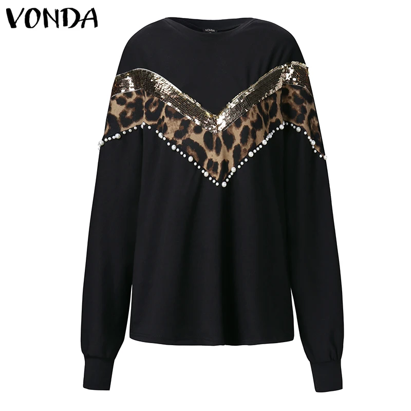 VONDA Vintage Sweaters Women Leopard Patchwork Blouses Casual Knitwear Long Sleeve Round Neck Knitted Sweater Oversized Tops | Женская