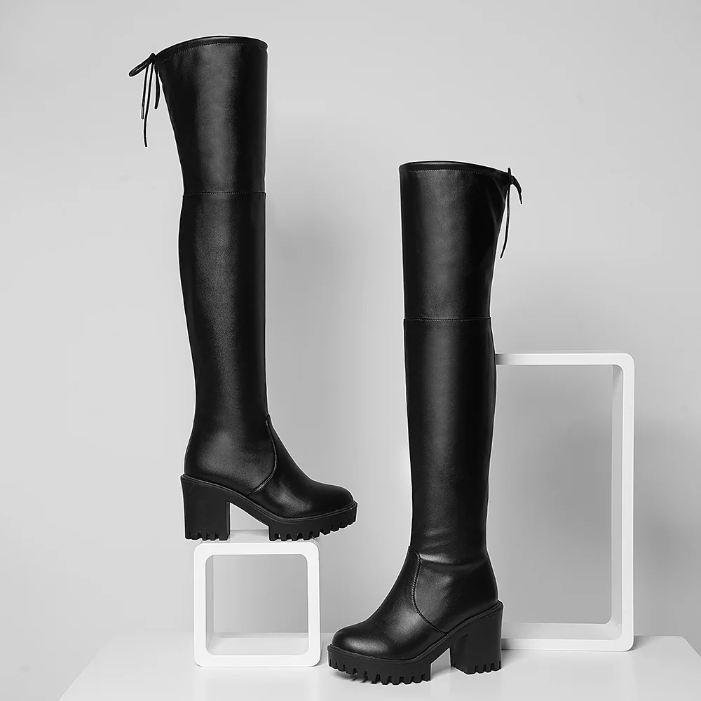 Black pu Женские ботинки пикантные Высокие Сапоги выше колена на Высоком толстом каблуке на молнии женские обтягивающие высокие сапоги до бедра на платформе Большие размеры 34-43 - Цвет: Black pu