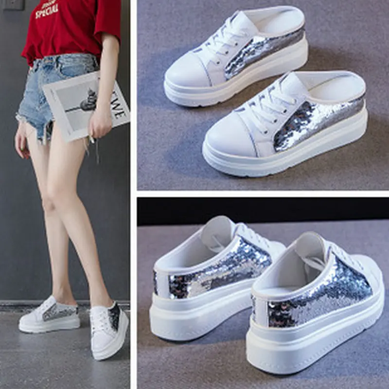 Модные женские кроссовки Tleni 2019 с блестками дышащие полутапочки baotou обувь для