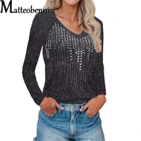 women ribbed knitted sweaters blouse 2021 spring fashion shiny diamond studded sweaters autumn casual ladies elegant v neck tops