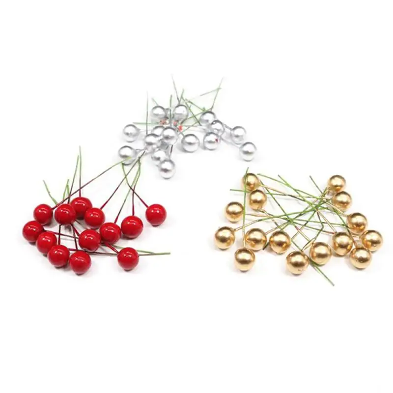

100Pcs/lot Artificial Holly Berry Christmas Tree Cherry Wreaths Red Flower Pearl Home Garden Party Decorations Birthday Gifts