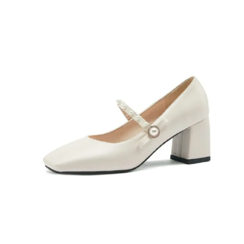 

ZawsThia 2021 Spring Elegant Ladies Pumps Pearls Decoration Block High Heels Wedding Shoes Bride Mary Janes Heels Plus Size 48