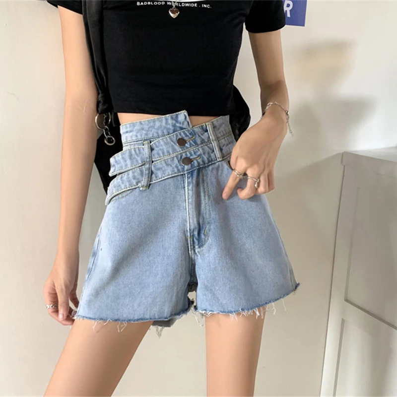 

Hzirip Summer Belt Solid Button Fly Blue Denim Shorts Edging Design Packets Loose Jeans Women 2021 Sweet Girl Casual Fashion