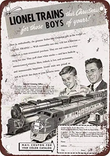 

HTFDS 1949 поезда Lionel на Рождество, жестяной знак 8x12 дюймов, металлическая пластина для украшения столовых приборов
