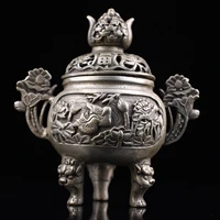 5chinese folk collection old bronze gilt silver ingots lotus binaural animal head three legged incense burner office ornaments