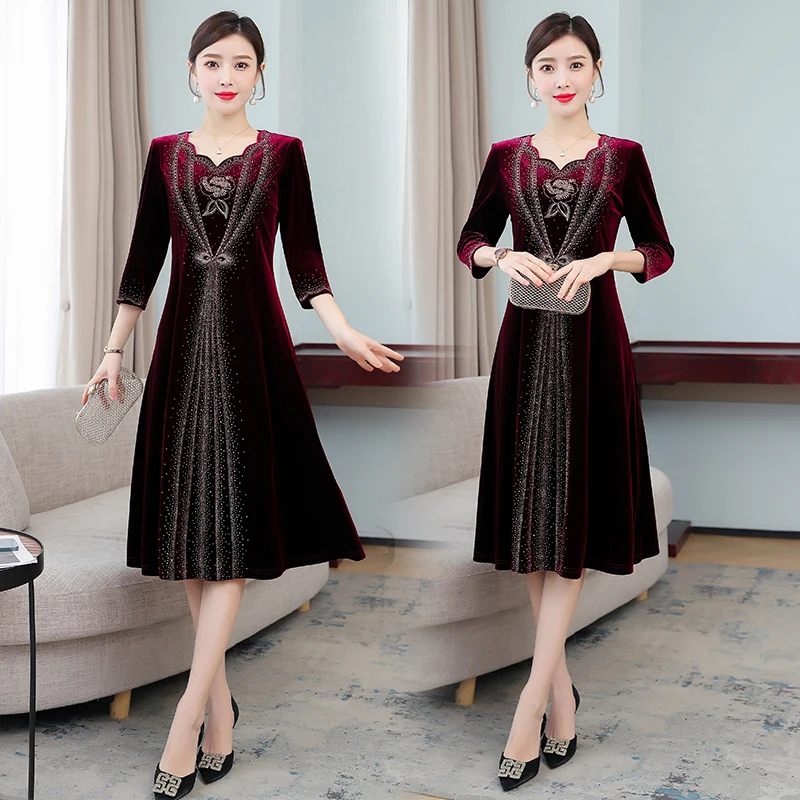 

COIGARSAM Women Dress Autumn 2021 Office Lady National Wind Half Sleeve Wine Red Dresses Traf Robe Vestidos