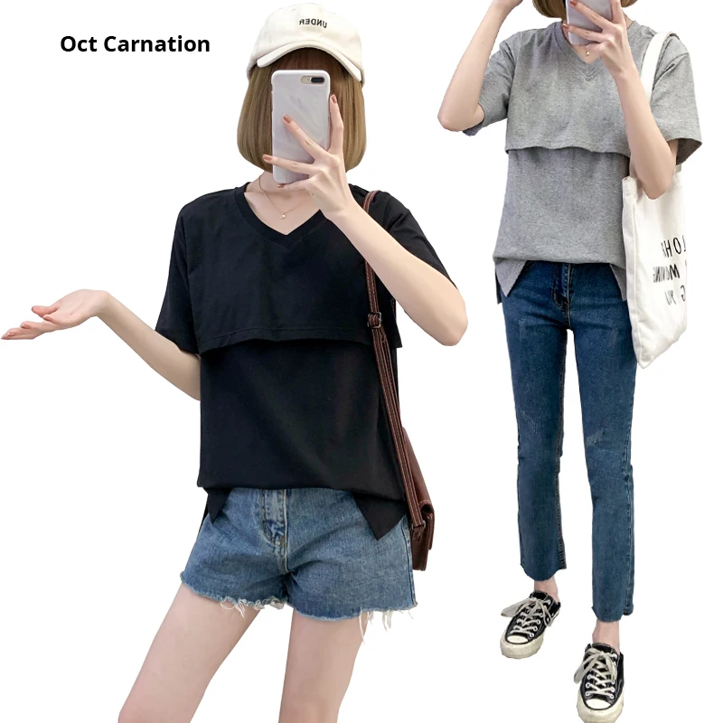 Однотонная хлопковая футболка для грудного вскармливания с коротким рукавом и