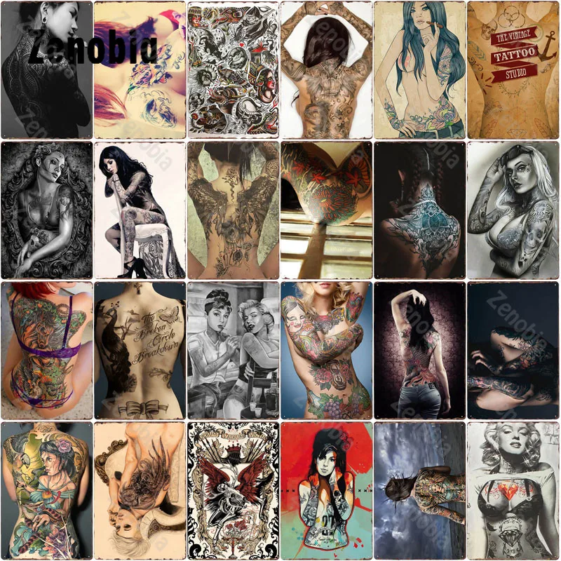 

Tattoo Metal Sign Vintage Plaques Nude Woman Decorative Plates Metal Poster for Tattoo Shop Cafe Club Wall Decoration Home Decor