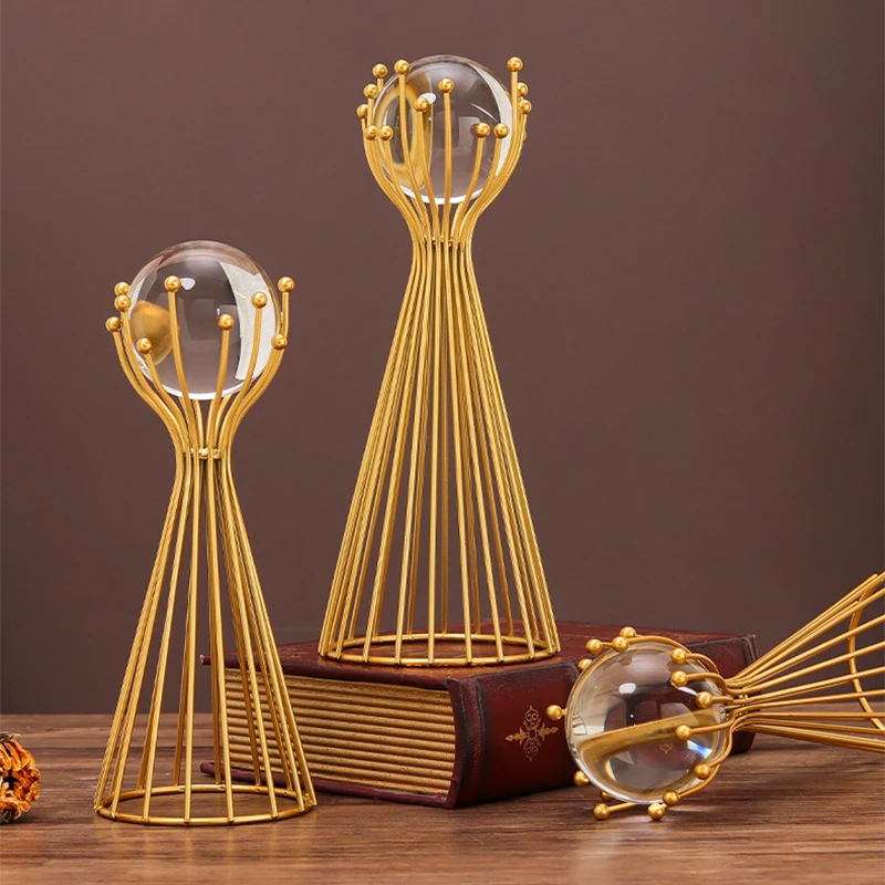 

Nordic Style Vertical Stand Crystal Ball Decorative Ornaments Geometric Abstract Golden Flowers Metal Light Luxury Furnishings