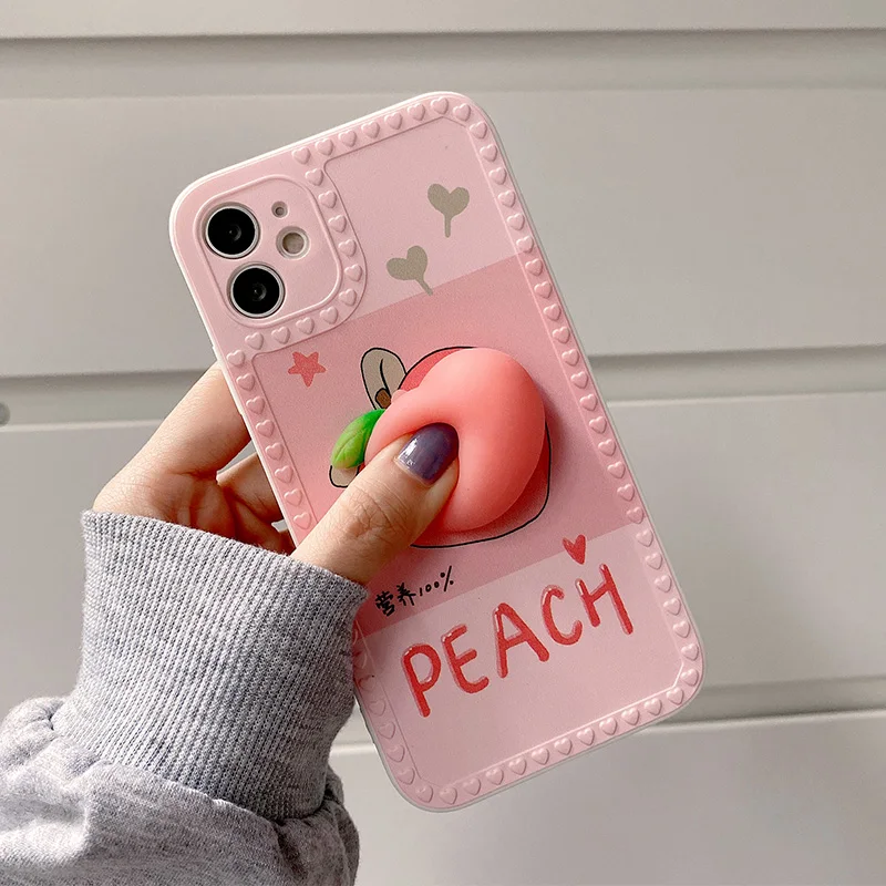 

Cute Peach Pinch It Stress Relief Phone Case For iPhone 13 11 12 Pro XS Max XR X 7 8 Plus Fidget Toys Love Frame Soft TPU Cover