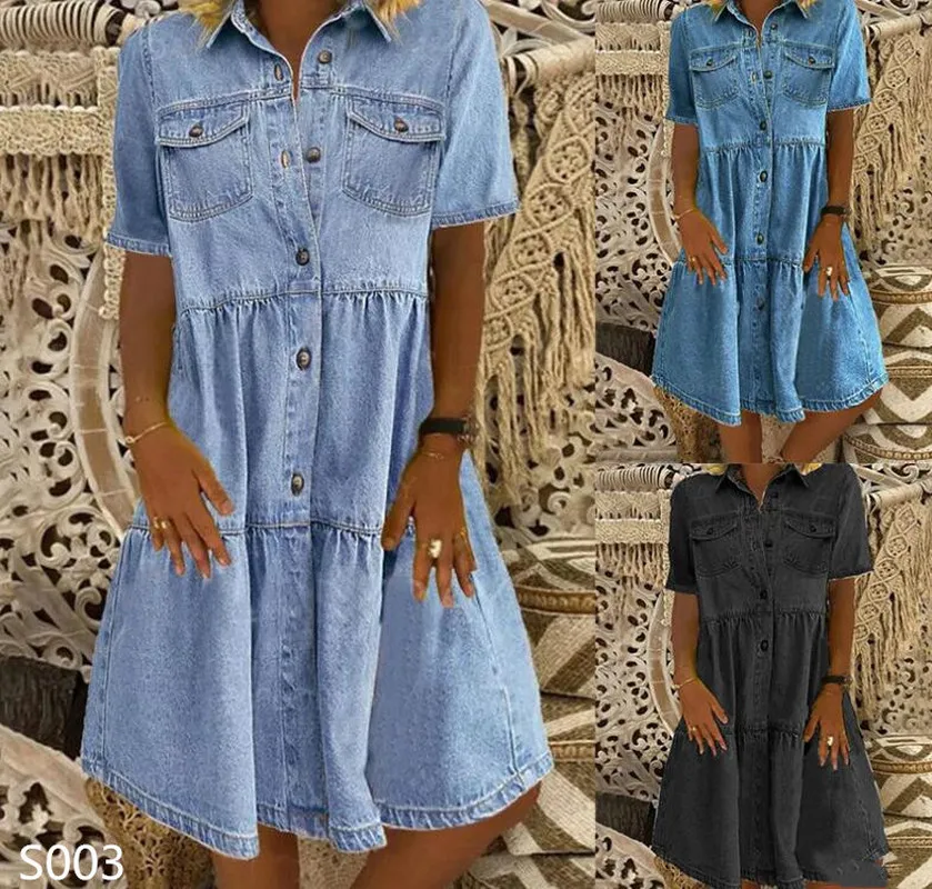 

Women Summer Short Sleeve Denim Dresses Button Pockets Jeans Knee Length Dress Ladies Casual A-line Dresses