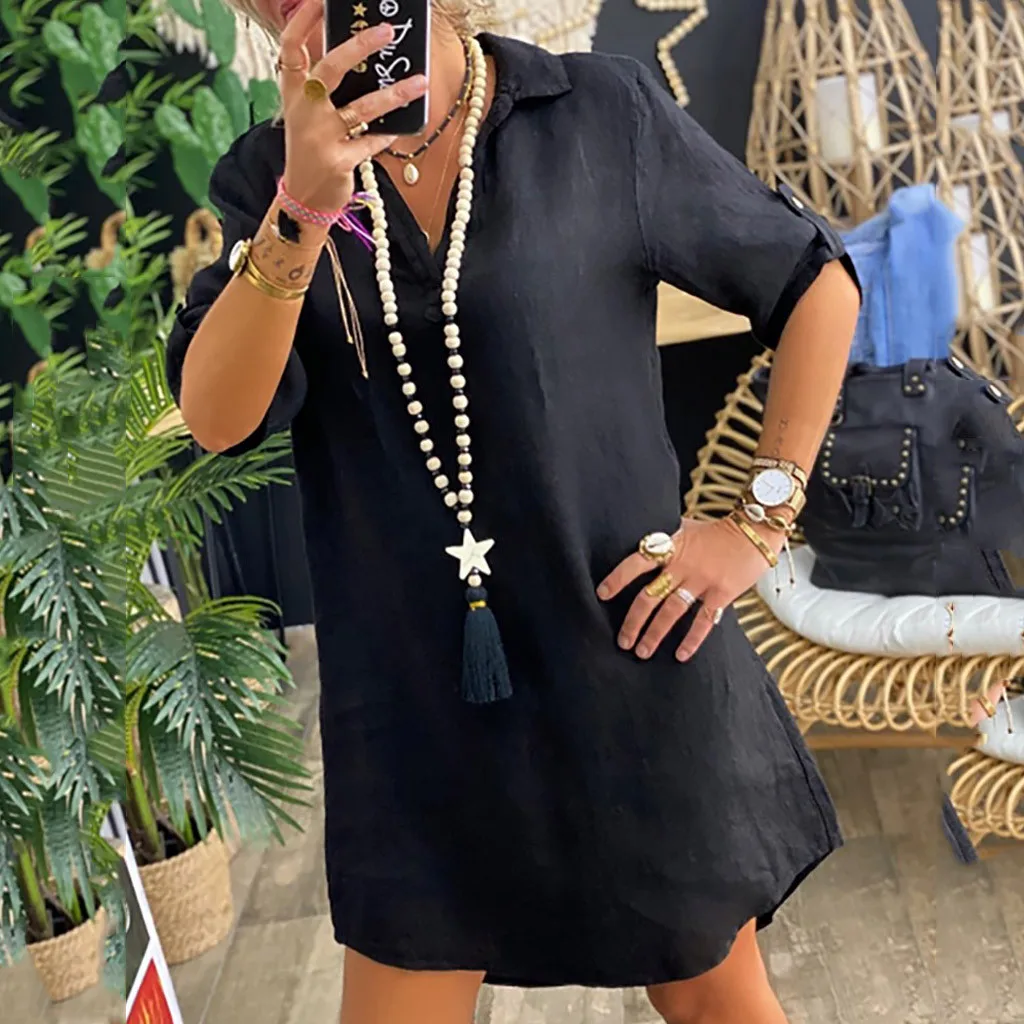 Платье-рубашка женское однотонное с отложным воротником Модная элегантная