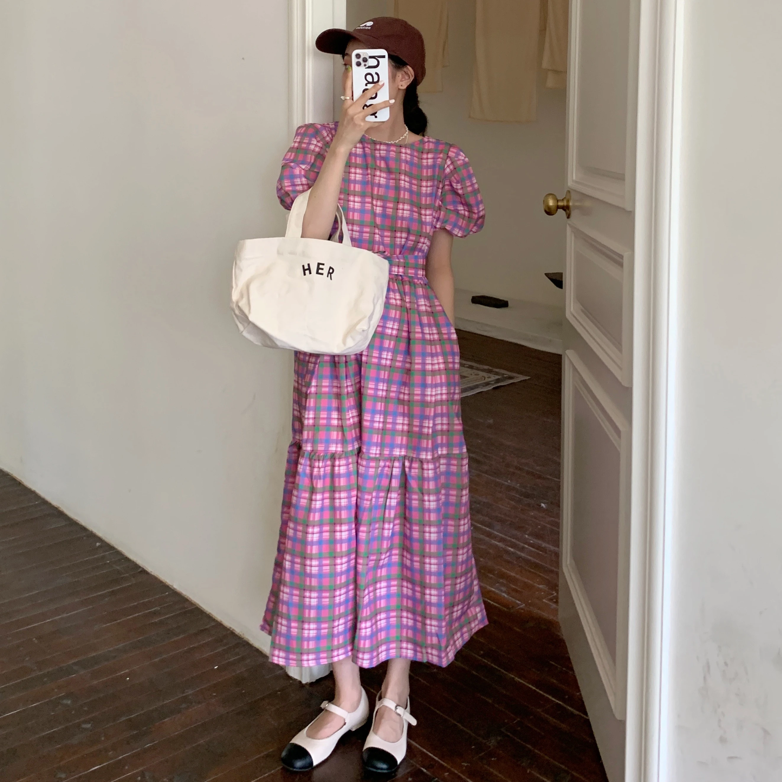

Round Neck Plaid Puff Sleeve Summer Midi Dress Casual Loose Vestido Midi Sukienki Damskie Korean Dress Vestidos De Mujer