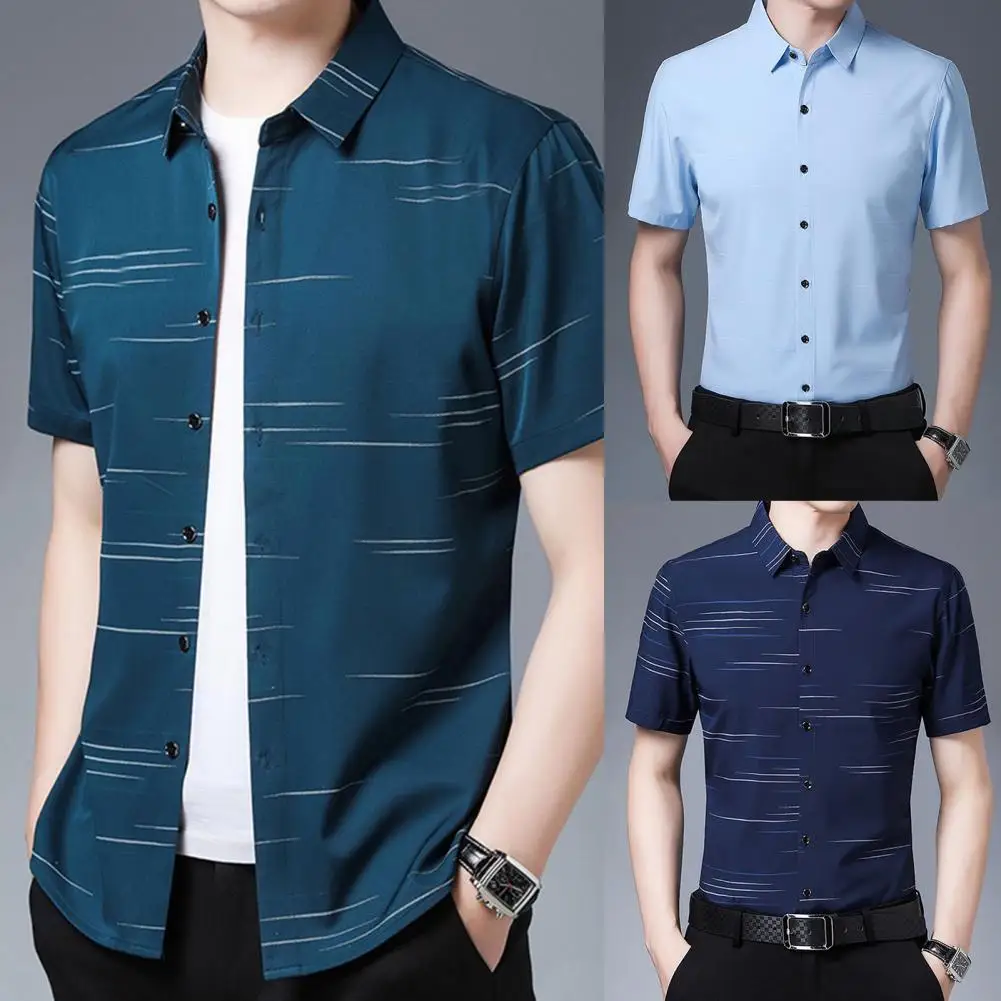 

Мужская рубашка в горизонтальную полоску, тонкая летняя деловая футболка с отложным воротником